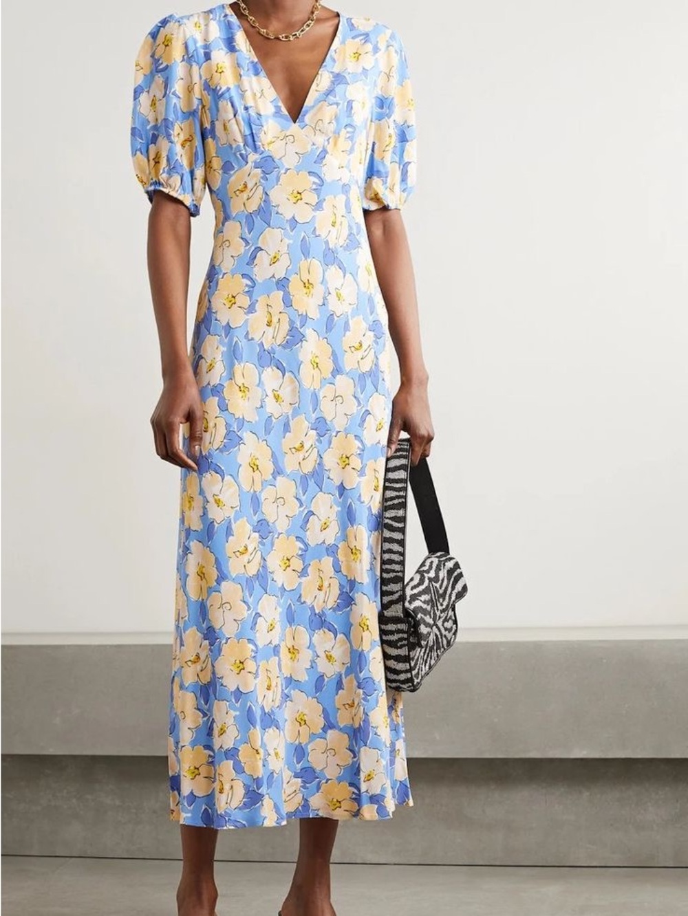 RIXO Poppy Azelea Bloom Midi Floral Dress Blue Puff Sleeve